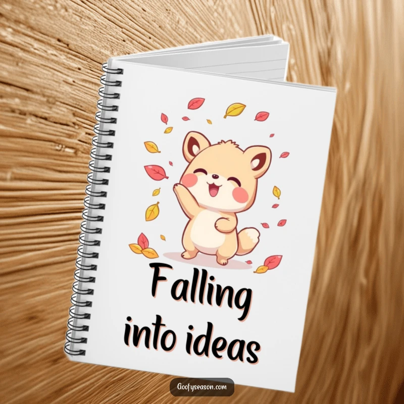 Funny kawaii animal character playfully tossing colorful leaves, on the cover of a seasonal notebook.
