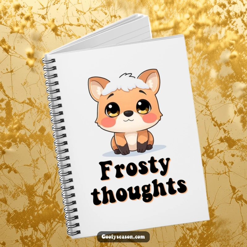 Funny notebook cover featuring a curious animal character with wide, wonder-filled eyes, observing a gentle snowfall.