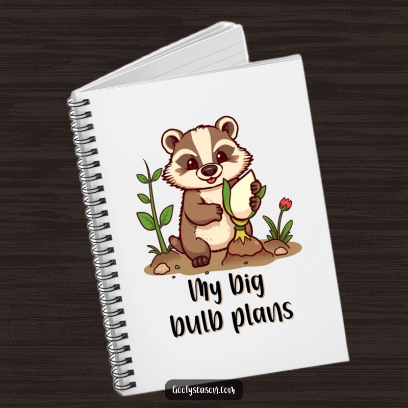 Funny notebook cover with a determined badger wearing gardening gloves, planting a giant bulb.