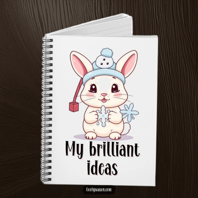 Funny notebook with a cute bunny wearing a tiny snowman hat and holding a melting snowflake, designed for capturing winter thoughts.