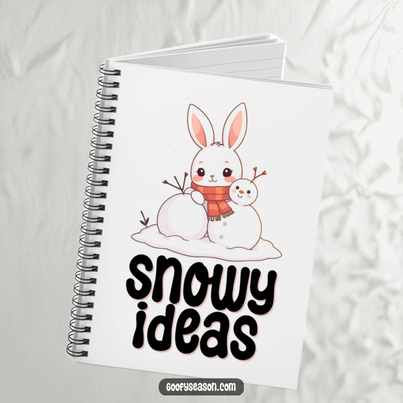 Funny notebook with a curious bunny character in a scarf building a snowman, perfect for jotting down ideas and winter magic.