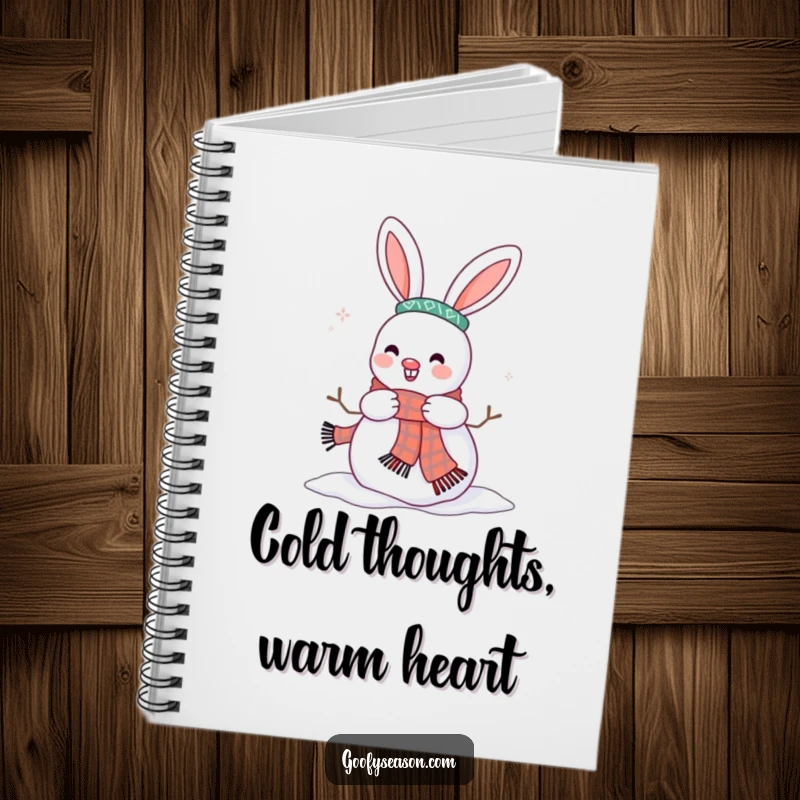 Funny notebook cover with a happy bunny character decorating a snowman with a scarf, inspiring winter creativity.