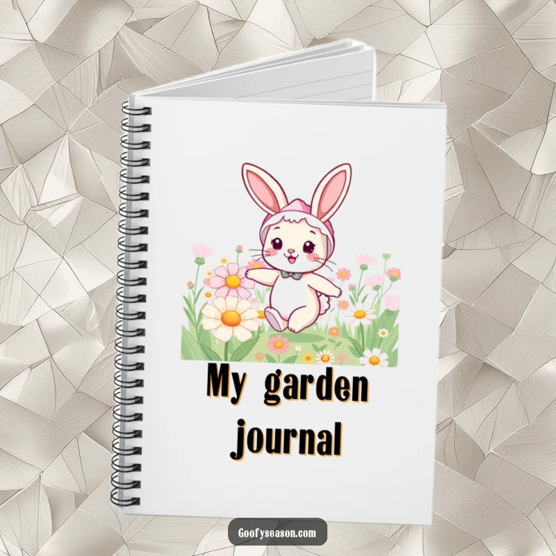 Funny bunny notebook featuring a cheerful rabbit in a spring bonnet, hopping through a field of giant flowers.
