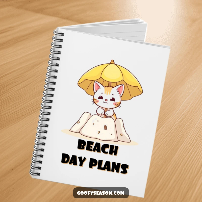 Funny notebook cover with a curious cat character holding a sun umbrella near a sandcastle, perfect for beach notes.