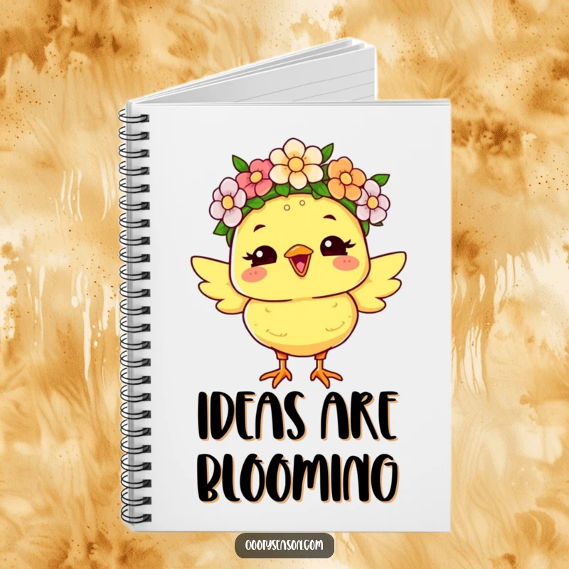 Funny notebook with a joyous chick character wearing a flower crown, ideal for humorous journaling and jotting down happy thoughts.