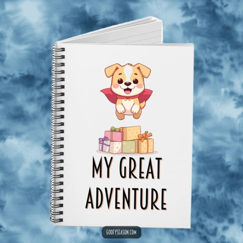 Funny happy dog with cape, leaping over presents, on a notebook cover, a funny gift for writers.