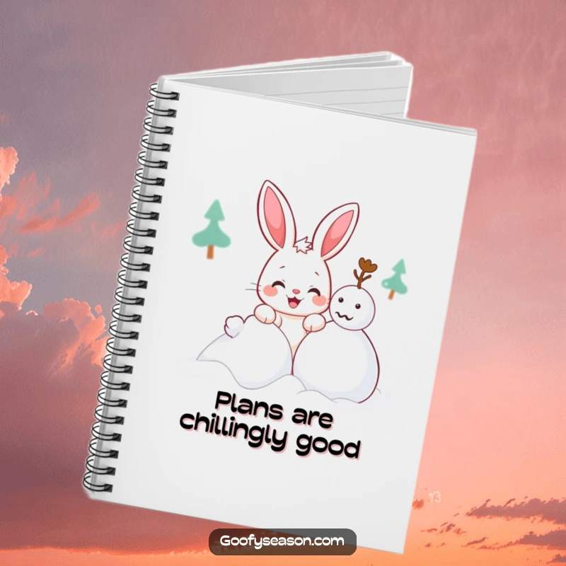 Funny Kawaii bunny notebook with a cute character with a mischievous grin building a snowman, great for writing.
