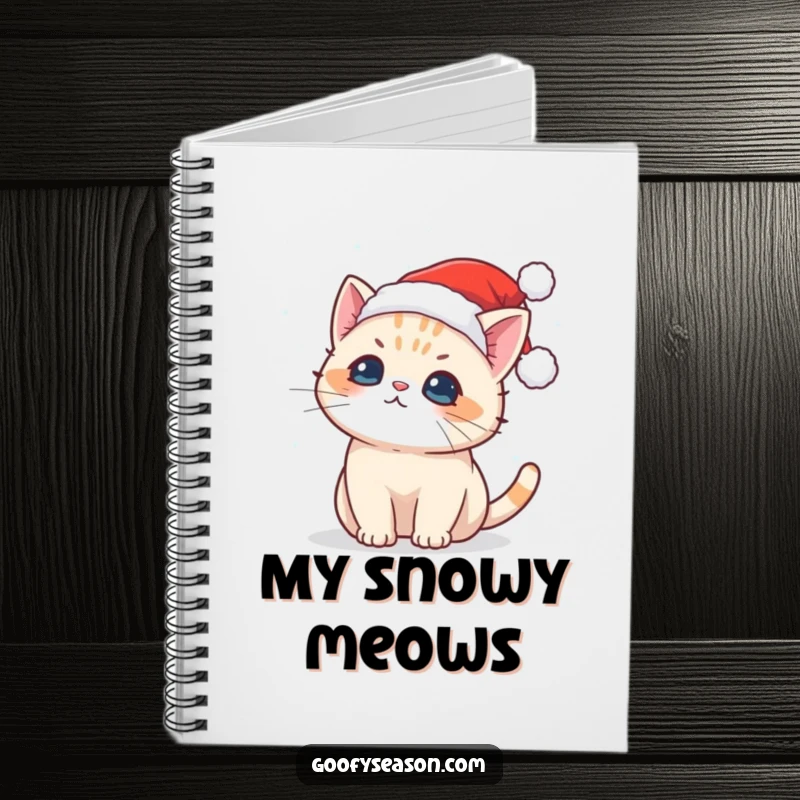 Funny notebook featuring a cute Kawaii cat in a Santa hat catching snowflakes, ideal for notes and sketches.