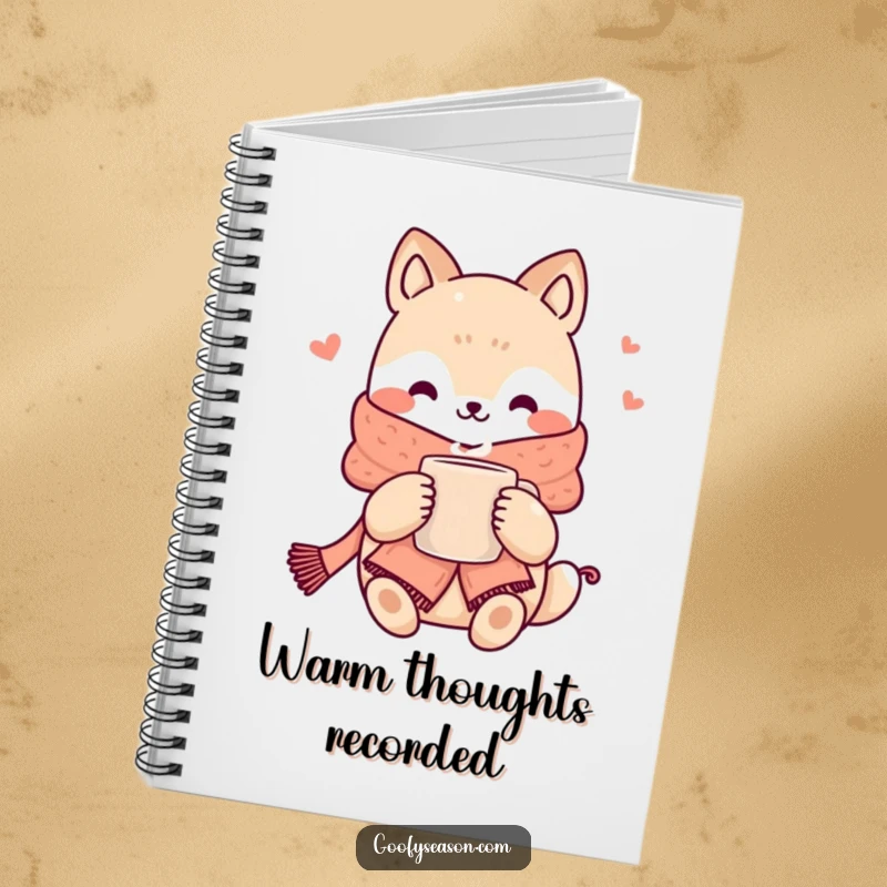 Funny kawaii animal character in a scarf holding a steaming mug, on the cover of a cozy notebook.