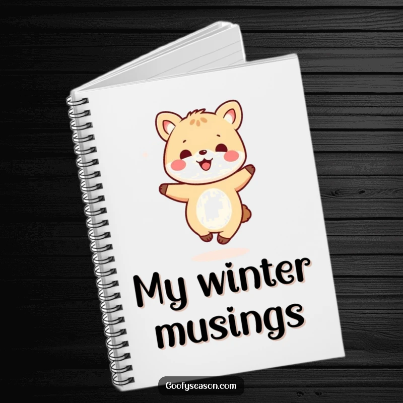 Funny kawaii animal character joyfully dancing in a snowy landscape, perfect for a notebook cover for creative minds.