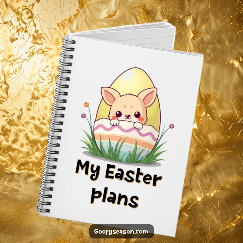 Funny kawaii animal character peeking from behind a colorful Easter egg, perfect for writing in this notebook.