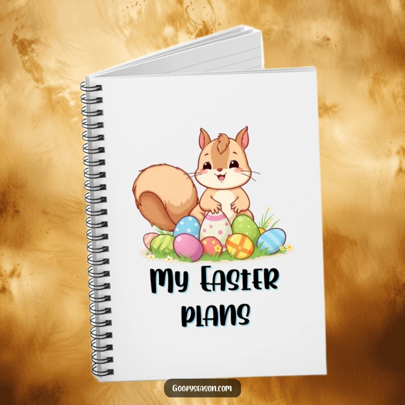Funny Kawaii squirrel excitedly hiding colorful Easter eggs, ideal for writing in a cute Easter-themed notebook.