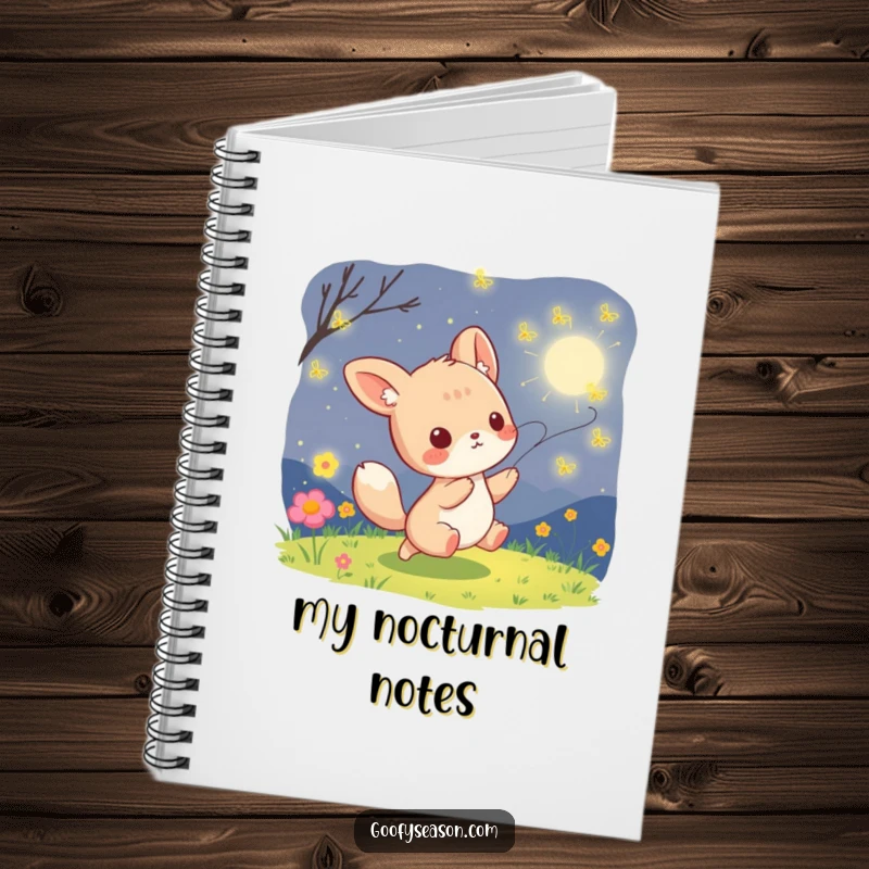 Funny kawaii animal character playfully chasing glowing fireflies on a summer night, perfect for a notebook cover.