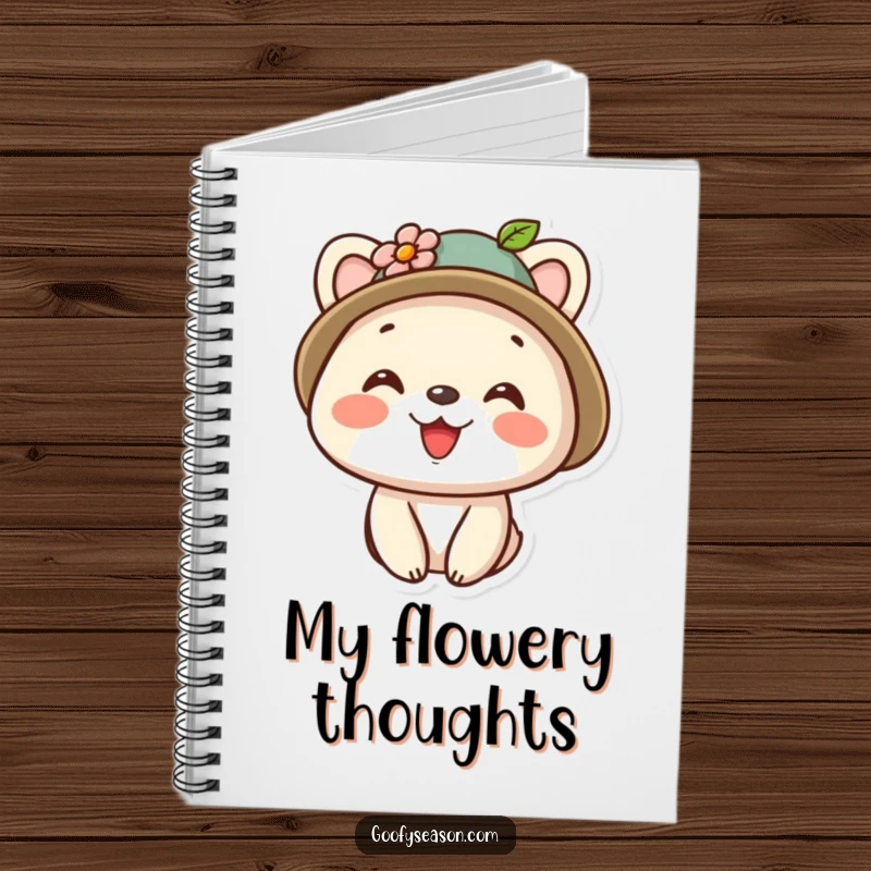 Funny kawaii animal character wearing a tiny flower-adorned hat and a bright smile, perfect for a notebook cover.