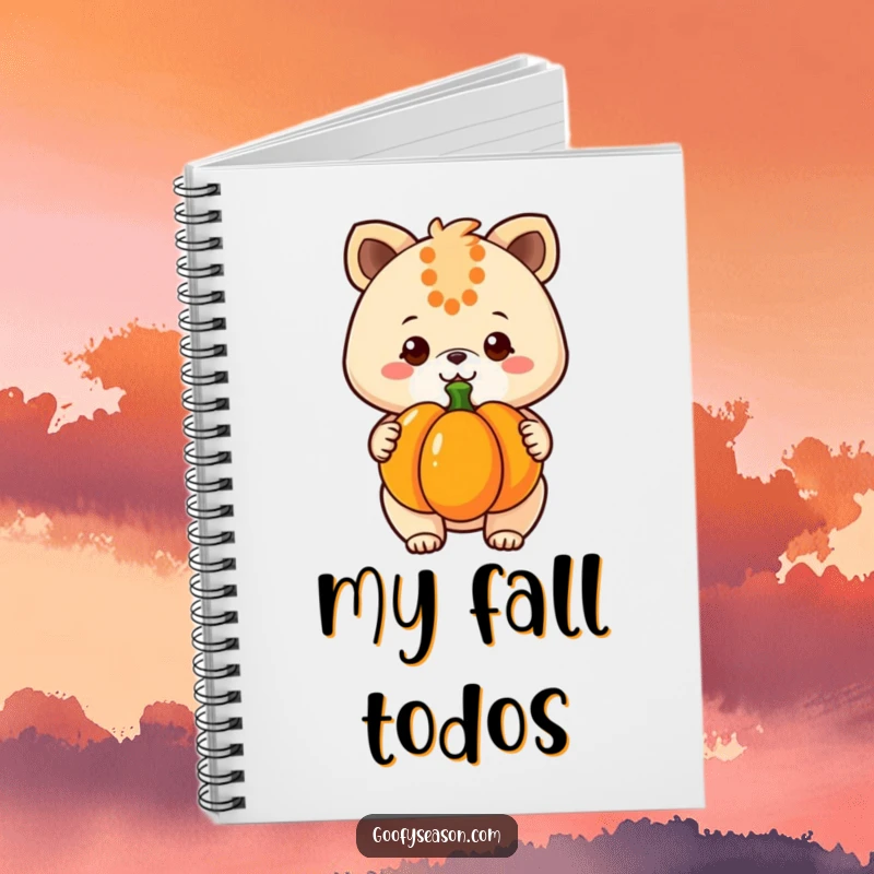 Funny kawaii animal character with a cheerful grin holding a pumpkin, perfect for jotting down notes in this notebook.