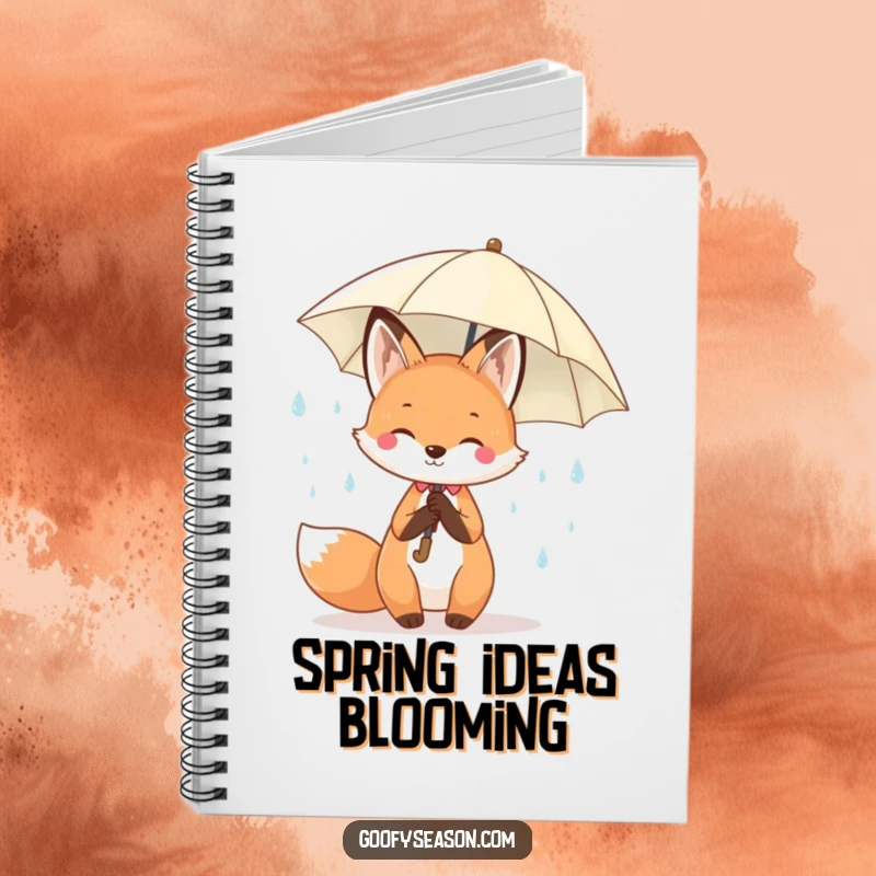 Funny Kawaii fox holding an umbrella under cheerful spring raindrops, ideal for writing in a cute notebook.