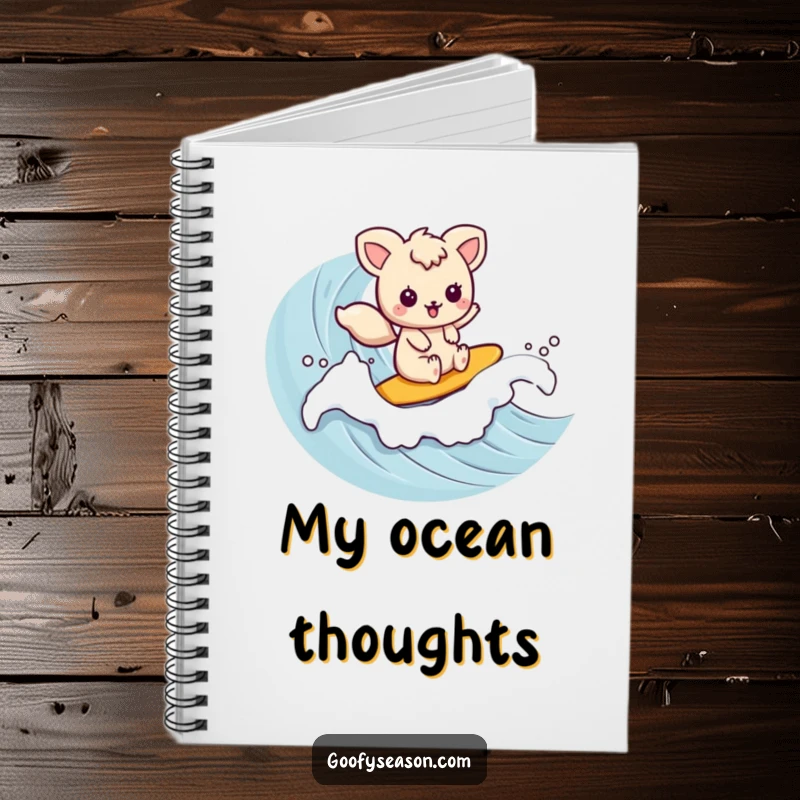 Funny kawaii animal character surfing a gentle wave, perfect for capturing ideas in this creative notebook.