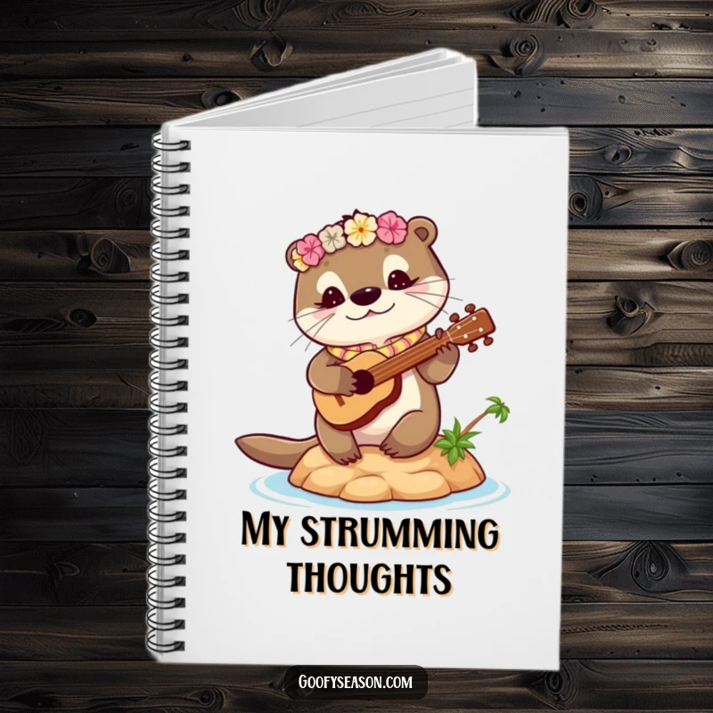 Funny otter notebook depicting a cute otter with a lei playing a ukulele on a tiny island. Great for journaling island dreams.
