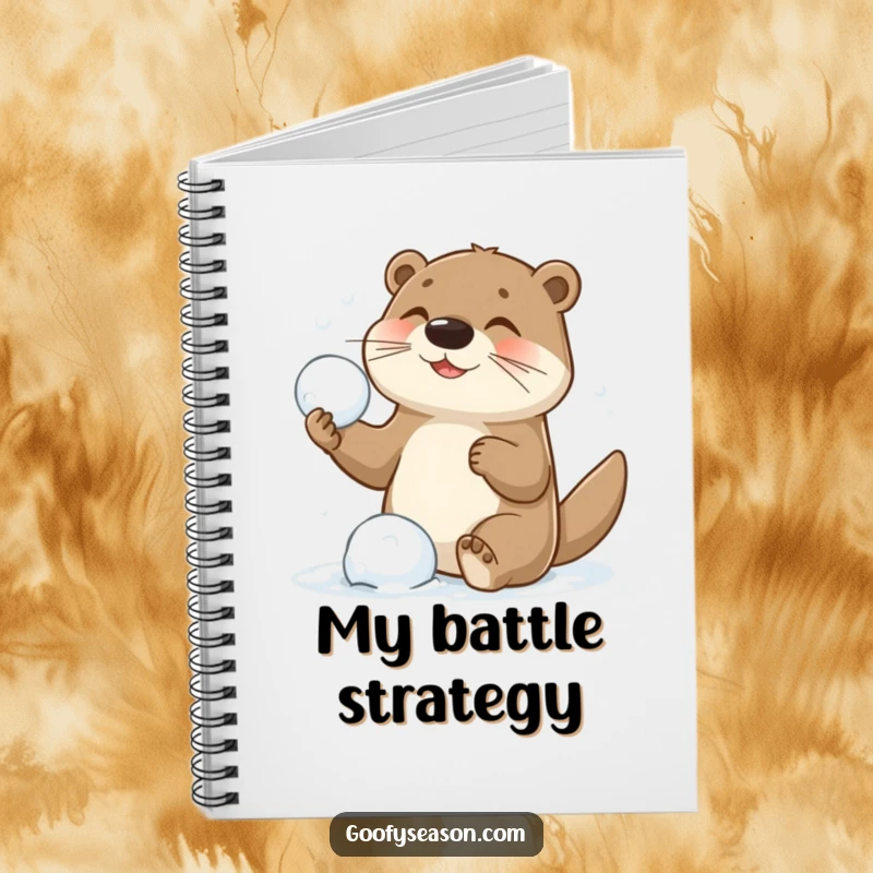 Funny notebook cover with a playful otter character in a dynamic snowball fight, designed for jotting down fun thoughts and plans.