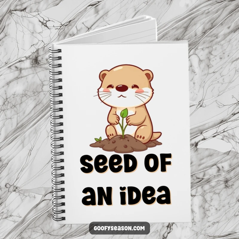 Funny notebook with a determined otter character planting a spring sprout, ideal for humorous note-taking and journaling.