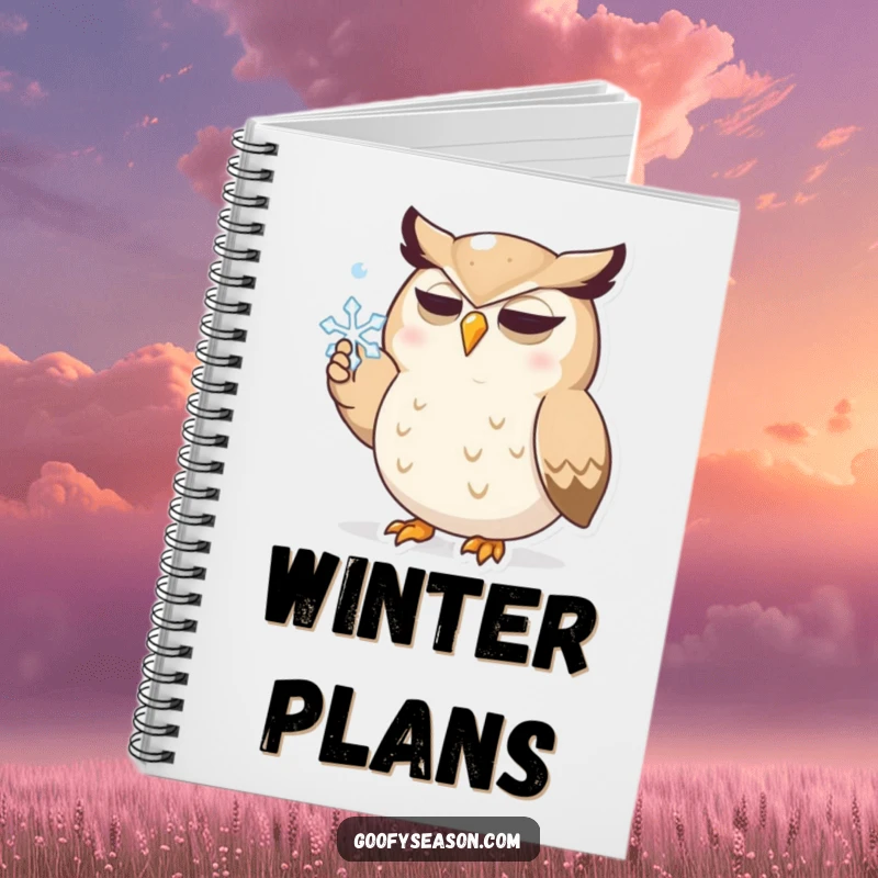 Funny notebook with a determined owl character in pursuit of a snowflake, perfect for jotting down ideas and bringing humor to your day.