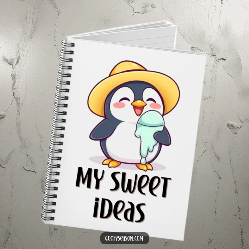 Funny Notebook: A joyous penguin in a sun hat holds a melting ice cream cone.