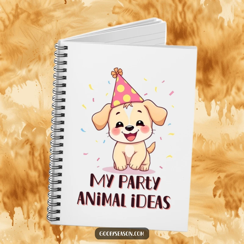 Funny notebook cover with a giggling puppy in a festive hat, amidst a playful shower of confetti.