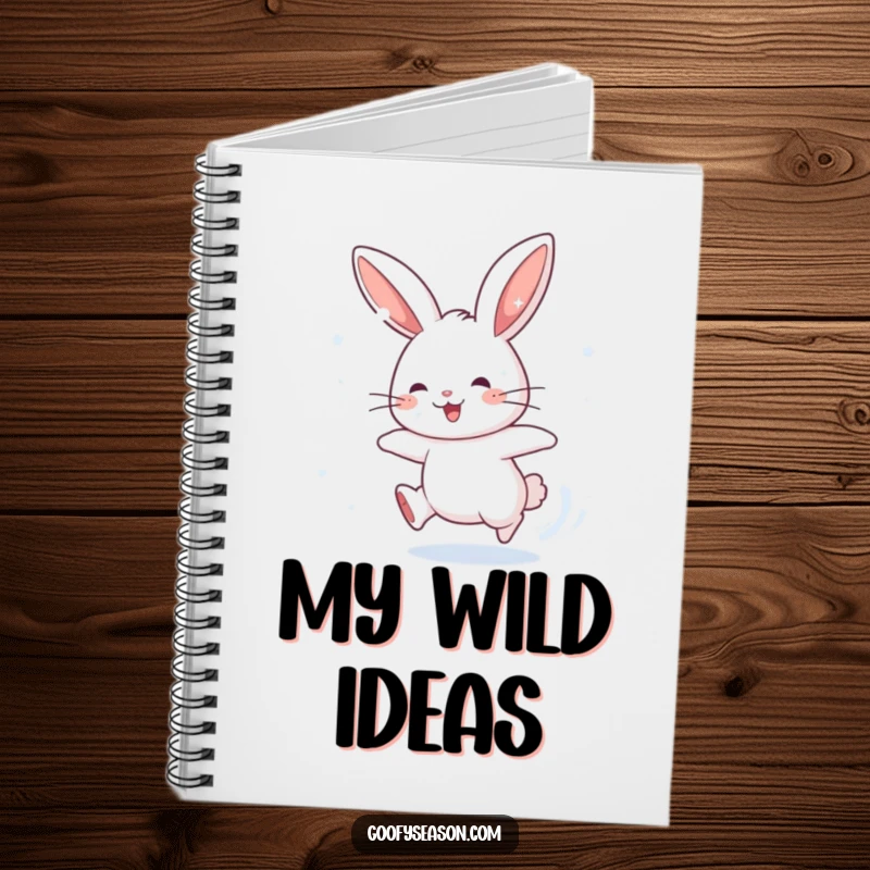 Funny notebook with an energetic rabbit character chasing snowflakes, ideal for humorous journaling and winter planning.