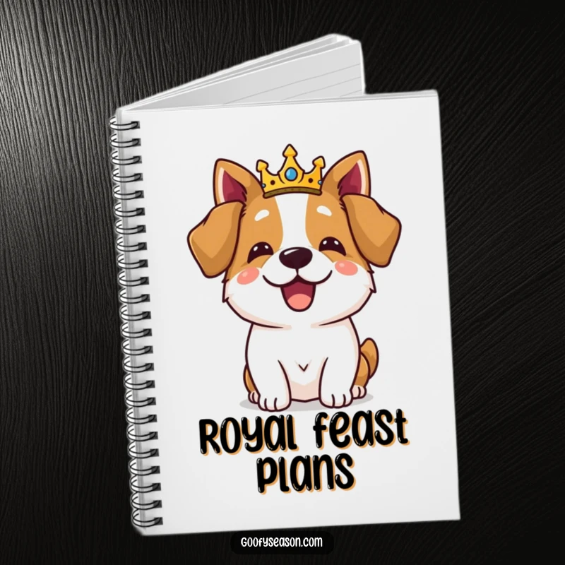 Funny dog in a crown enjoying a royal feast featured on a notebook cover, ideal for jotting down ideas.