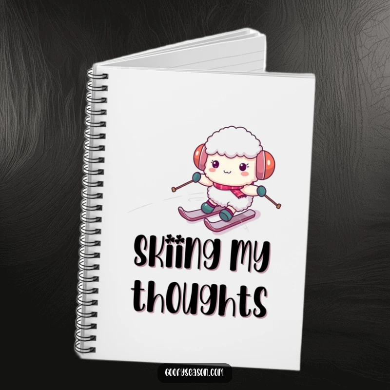 Funny sheep character wearing earmuffs, skiing down a snowy hill on a notebook cover, inspiring winter notes and creative ideas.