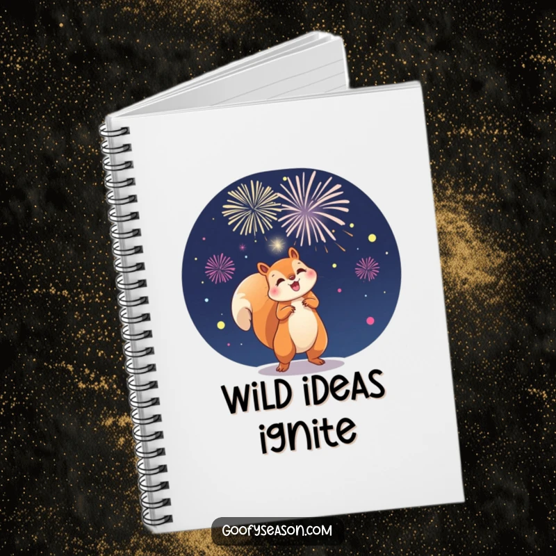 Funny notebook cover with a playful squirrel character launching fireworks in the night sky, inspiring bold ideas.