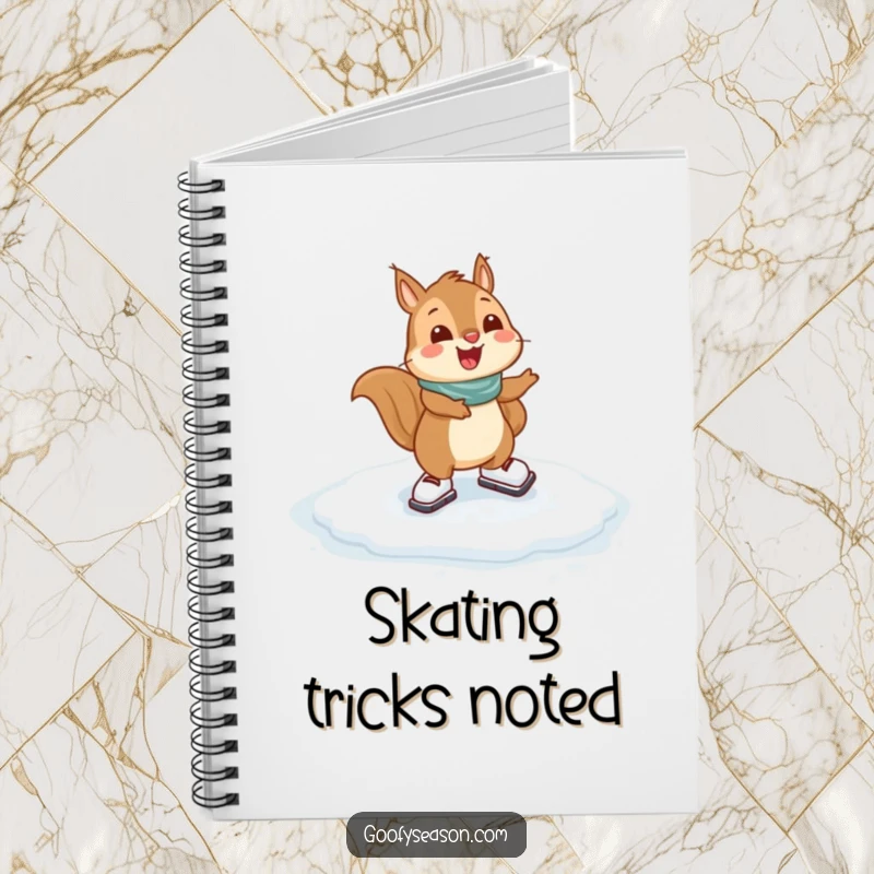 Funny Squirrel Notebook: A happy squirrel character gleefully ice skating on a frozen puddle, perfect for winter journaling.