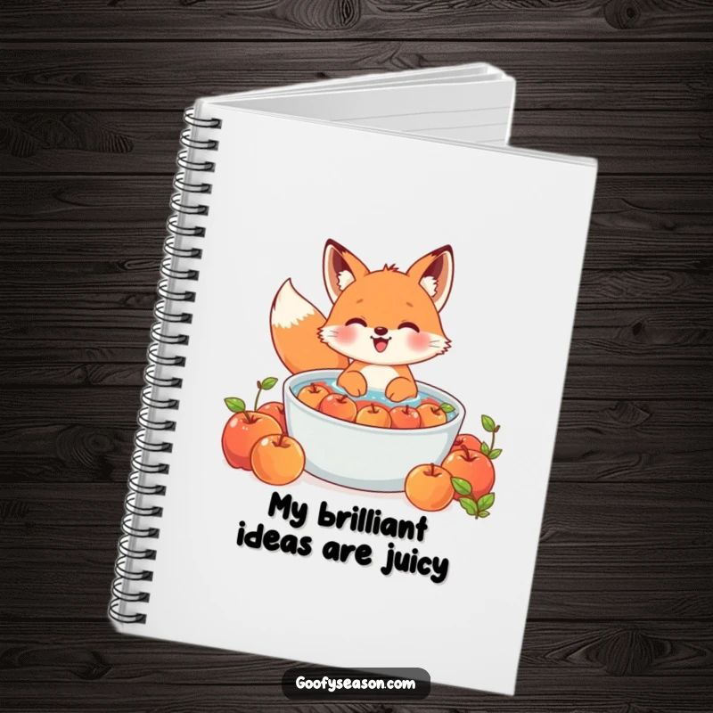 Funny Kawaii fox notebook with a cute character gleefully bobbing for apples in a large tub, great for writing.