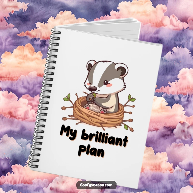 Funny notebook with a clever badger character building a cozy nest with twigs, ideal for humorous journaling and planning cozy endeavors.