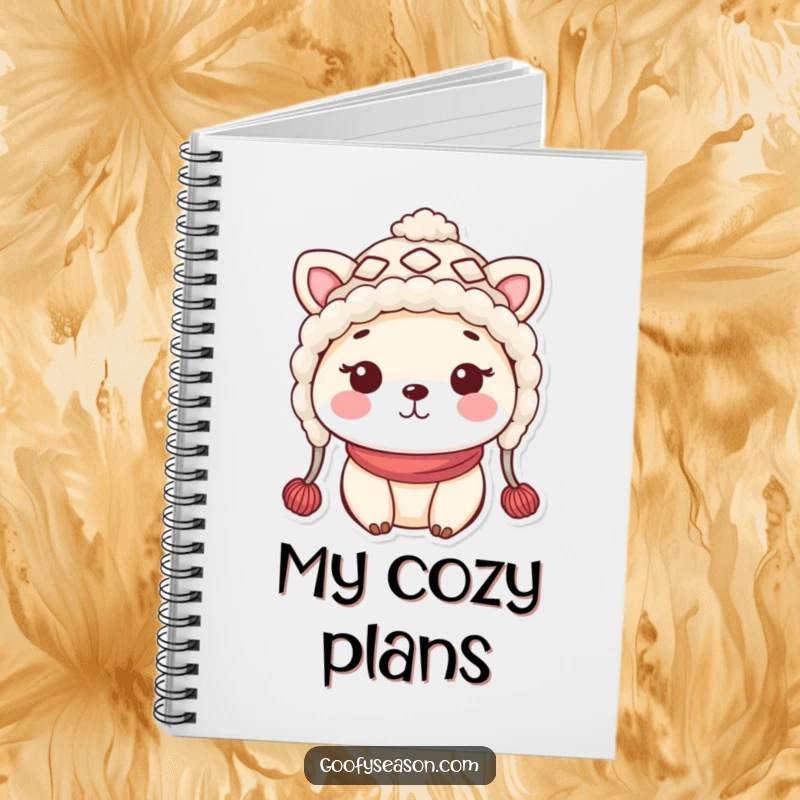 Funny kawaii animal character in a silly woolly hat with rosy cheeks, perfect for writing in this notebook.