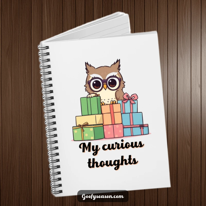 Funny owl with glasses peeking from presents, on a notebook cover, a funny gift for writers.