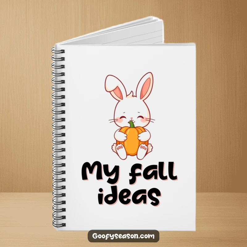 Funny Kawaii bunny with a shy smile holding a pumpkin, ideal for writing and planning autumn activities in a cute notebook.