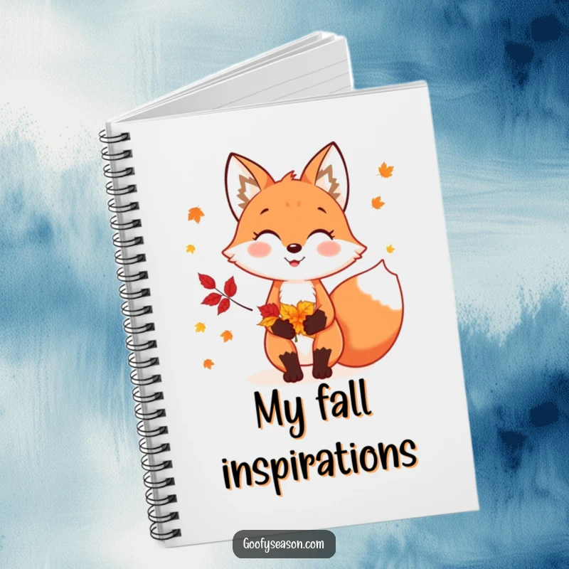 Funny notebook cover depicting a cheerful fox character holding a pile of colorful autumn leaves, perfect for fall notes.