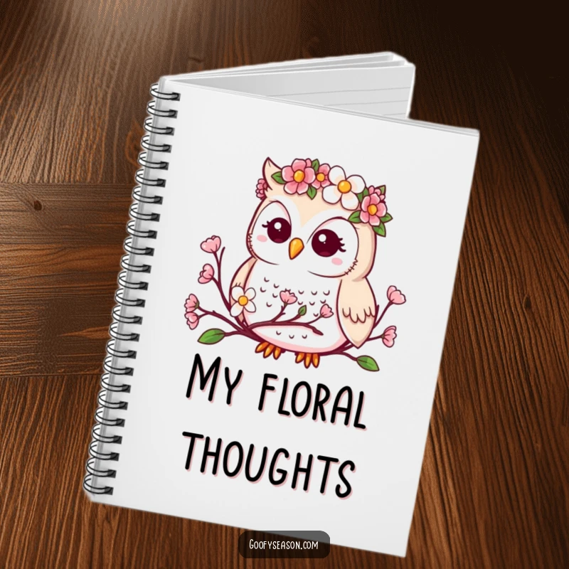 Funny notebook cover with a cute kawaii owl wearing a flower crown, observing spring buds.