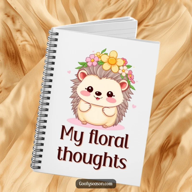 Funny Kawaii hedgehog with a flower crown, beaming during spring, on a notebook, ideal for spring notes.