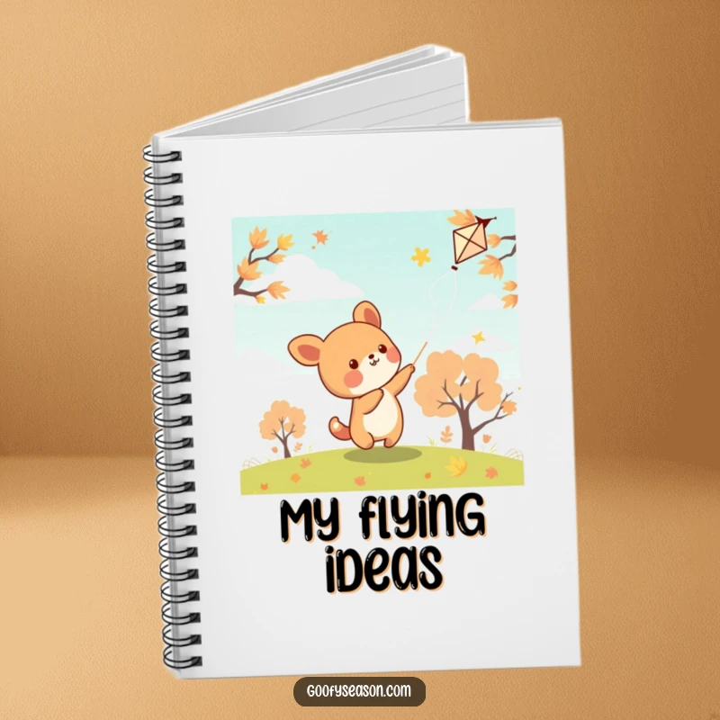 Funny kawaii animal character flying a kite on a breezy autumn day, perfect for writing in this notebook.