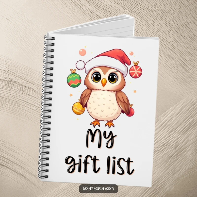 Funny notebook with a cheerful owl wearing a Santa hat and juggling festive ornaments, designed for capturing holiday thoughts.