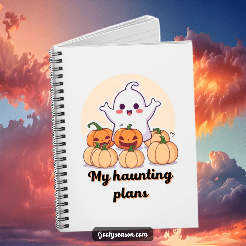 Funny Notebook: Happy ghost character playfully surprising pumpkins, ideal for jotting down spooky plans.
