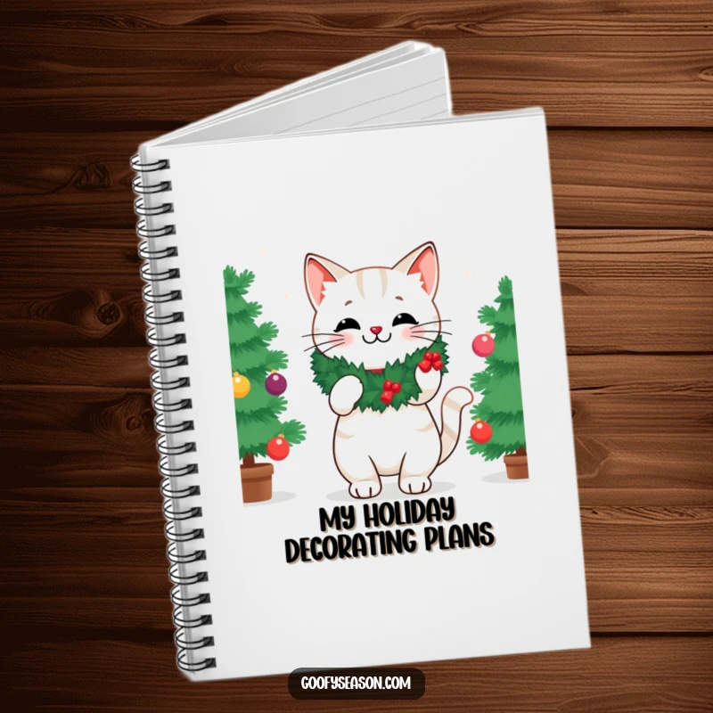 Funny notebook cover with a cheerful cat wearing a festive wreath, preparing to decorate a Christmas tree.