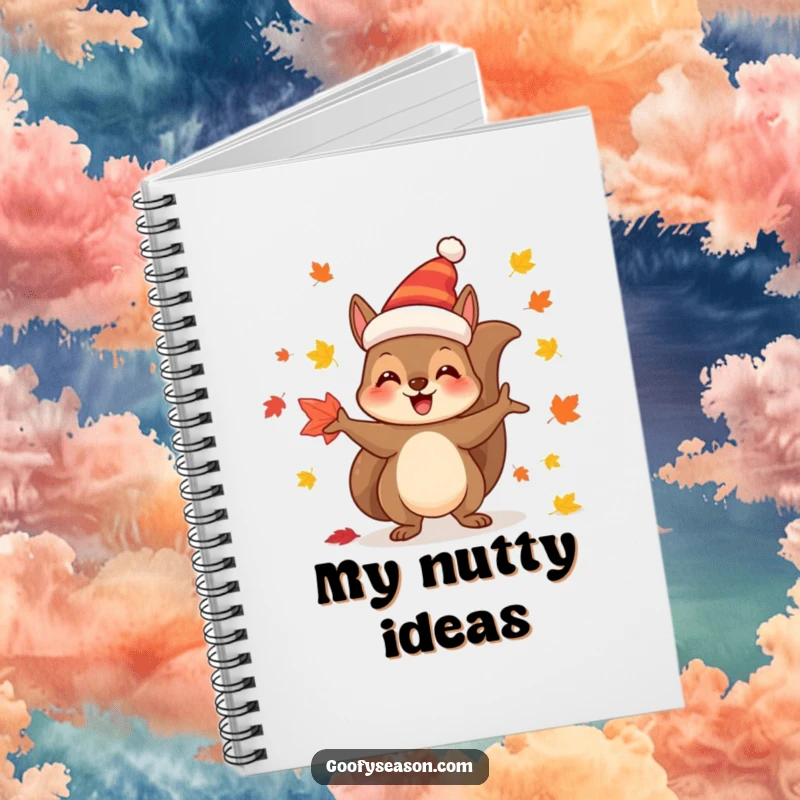 Funny Notebook: Joyful squirrel character in a festive hat, juggling colorful autumn leaves, ideal for notes.