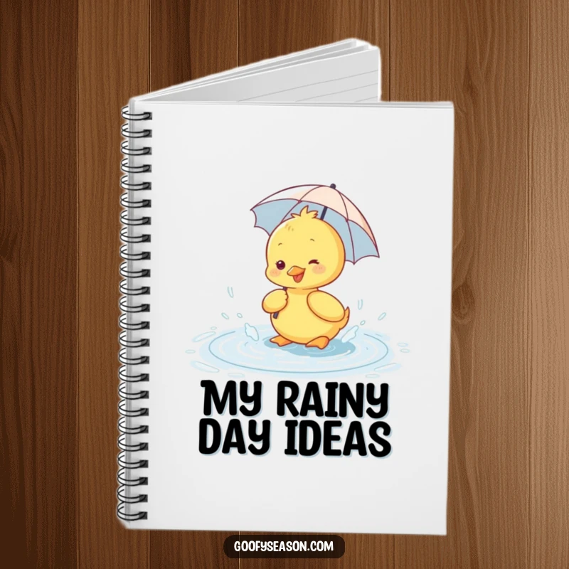 Funny notebook cover with a happy duckling wearing a tiny umbrella, ready to splash in a puddle.