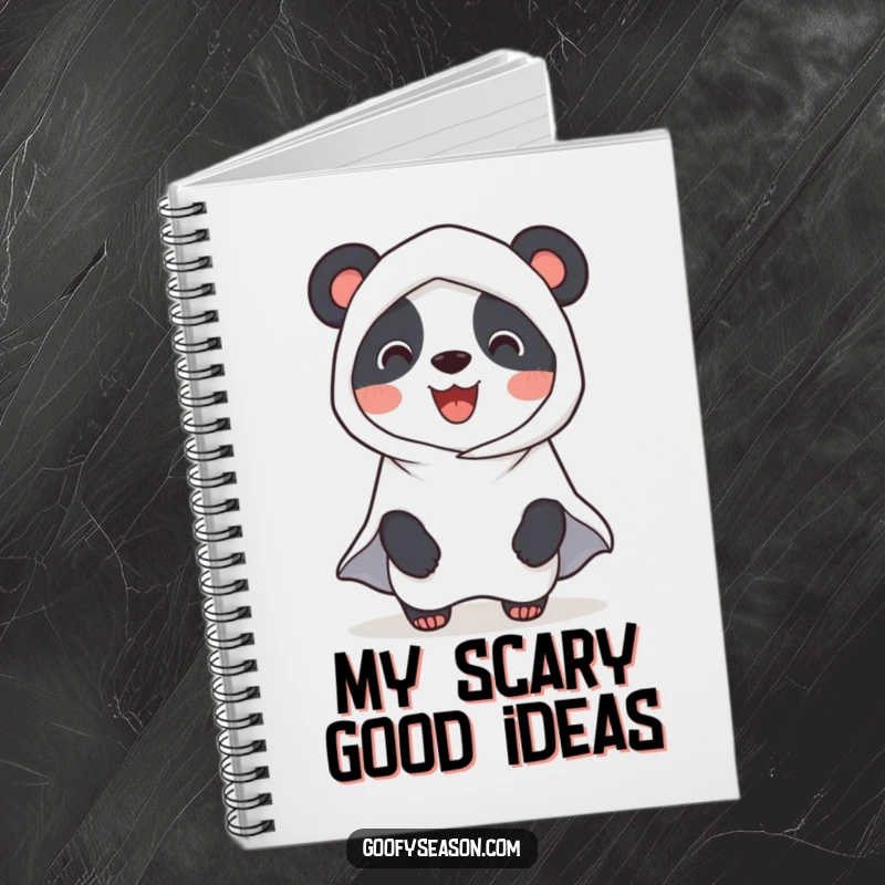 Funny Panda Ghost Notebook: A smiling panda dressed as a ghost for Halloween, ideal for jotting down spooky thoughts and party plans.