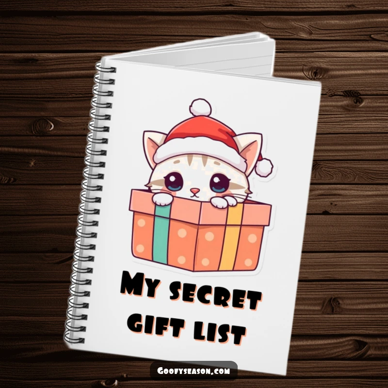 Funny cat notebook with a curious cat in a Santa hat popping out of a Christmas present, perfect for jotting notes.