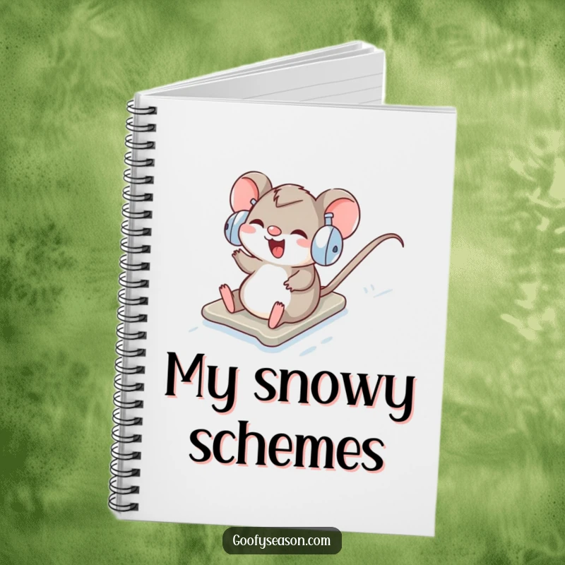 Funny Notebook: A giggling mouse wearing earmuffs slides joyfully down a snowy slope.
