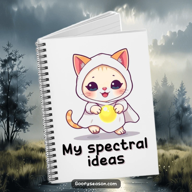 Funny cat in a ghost costume, chasing a glowing orb, on the cover of a Halloween notebook.